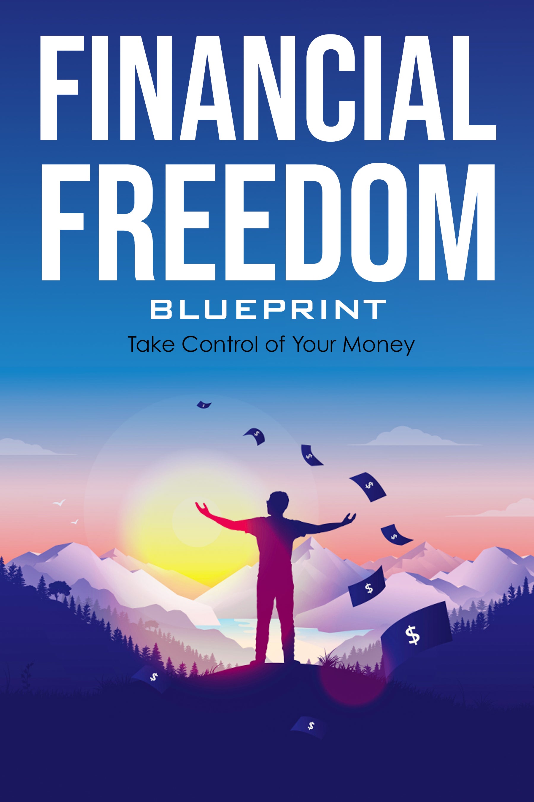 eBook cover of 'Financial Freedom Blueprint: Take Control of Your Money' with a person standing on a mountain top with money symbols.
