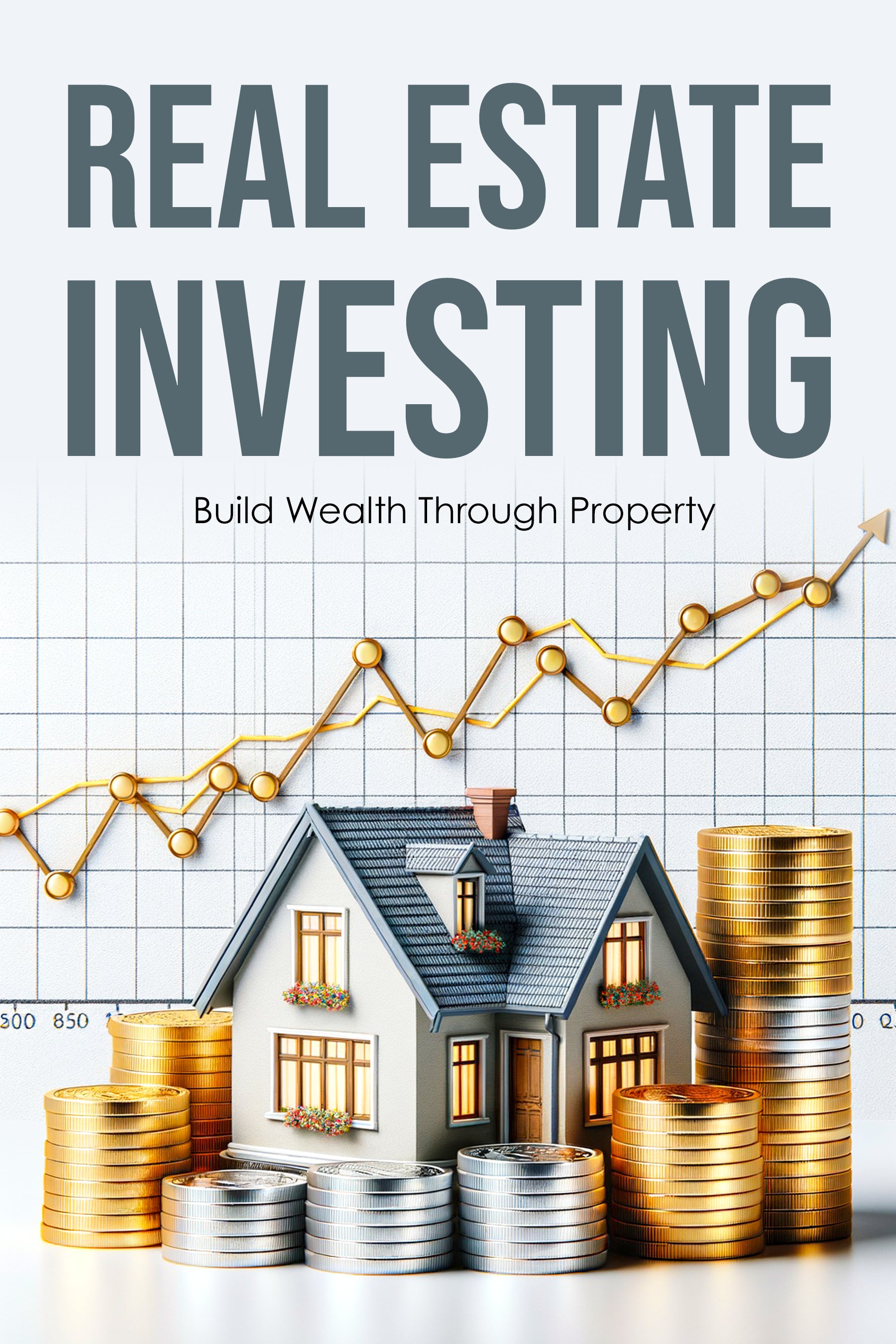 eBook cover of 'Real Estate Investing: Build Wealth Through Property' with a house and coins on a graph background