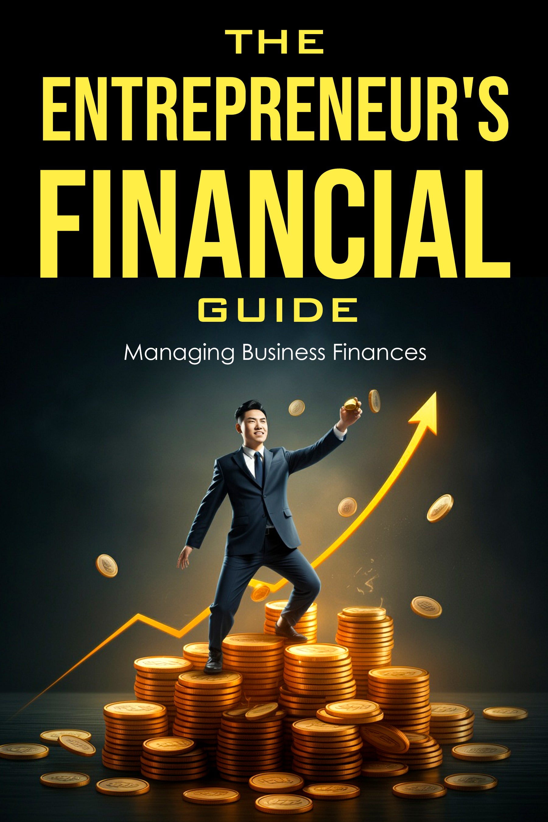 eBook cover of 'The Entrepreneur's Financial Guide: Managing Business Finances' with a person standing on coins and an arrow, set against a dark background.