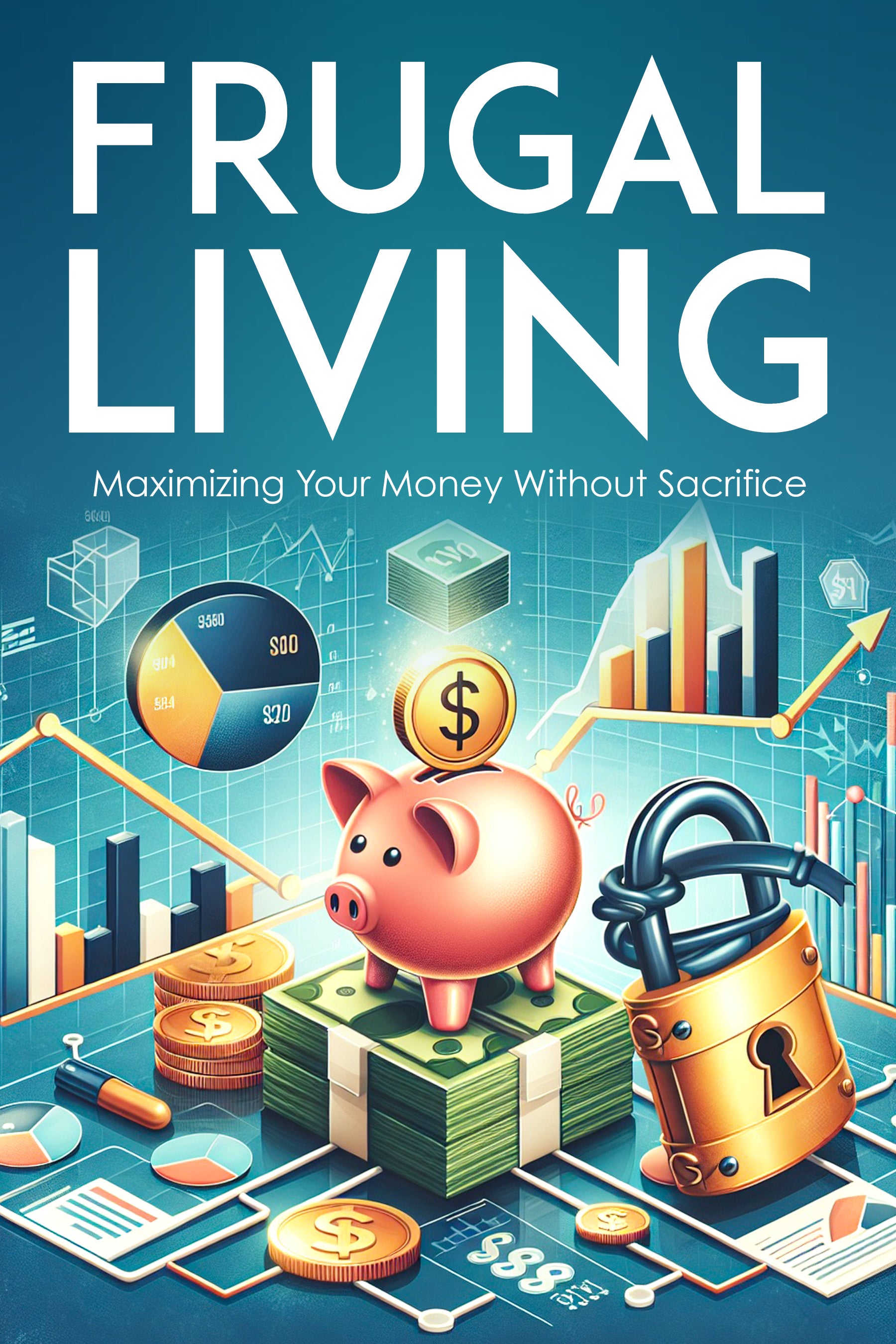 eBook cover of 'Frugal Living: Maximizing Your Money Without Sacrifice' with a piggy bank, money, and charts.